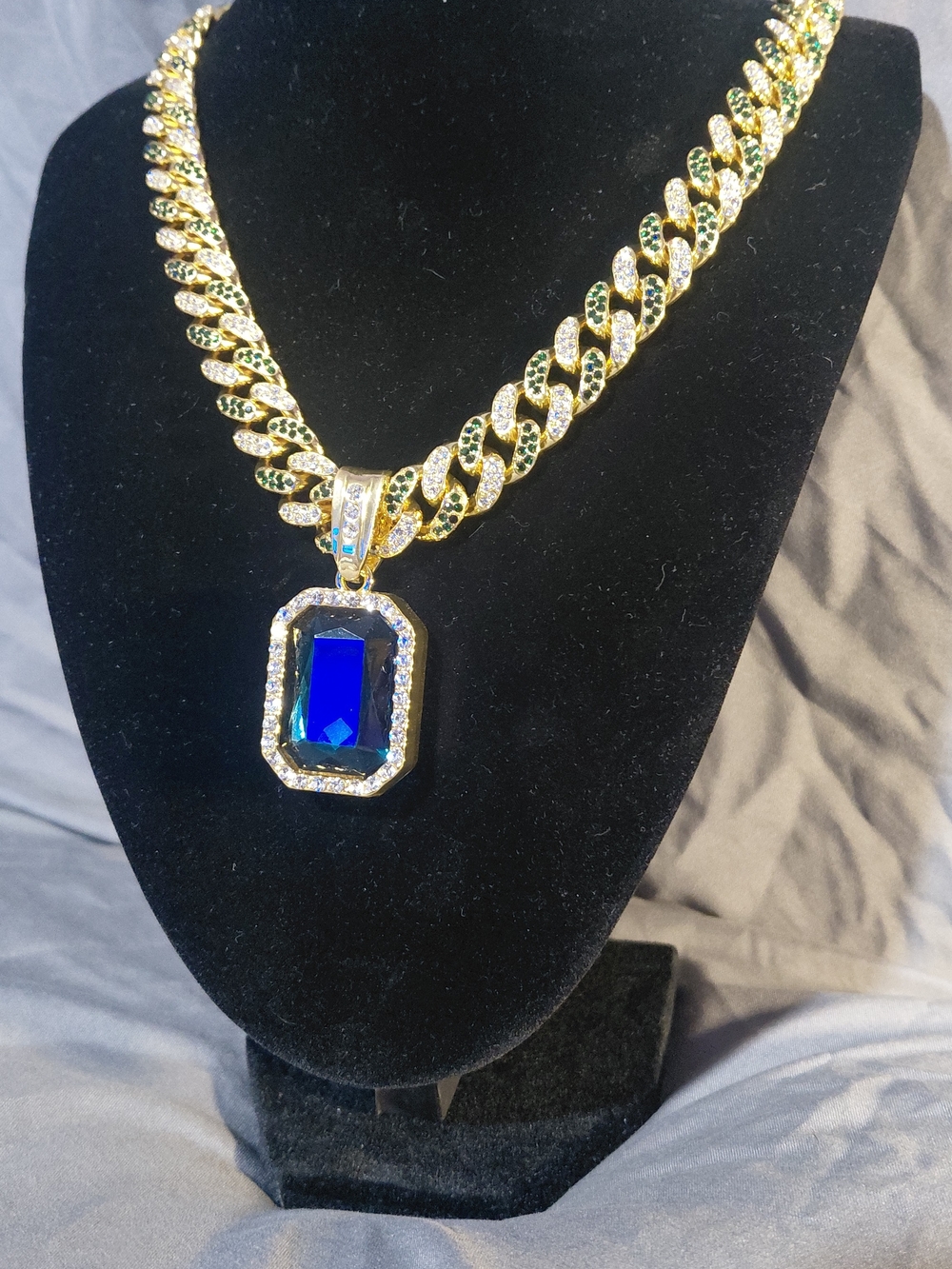 Gold Chain Necklace with Blue Stone Pendant - Picture 2 of 3